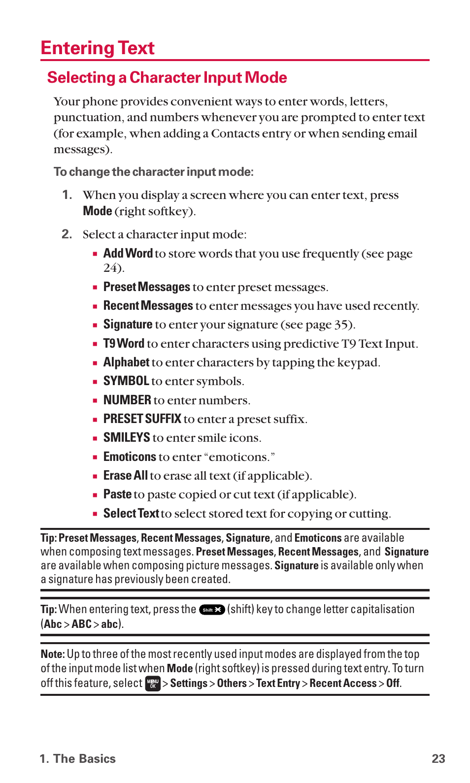 Entering text, Selecting a character input mode | Sanyo SCP-6600 User Manual | Page 29 / 133