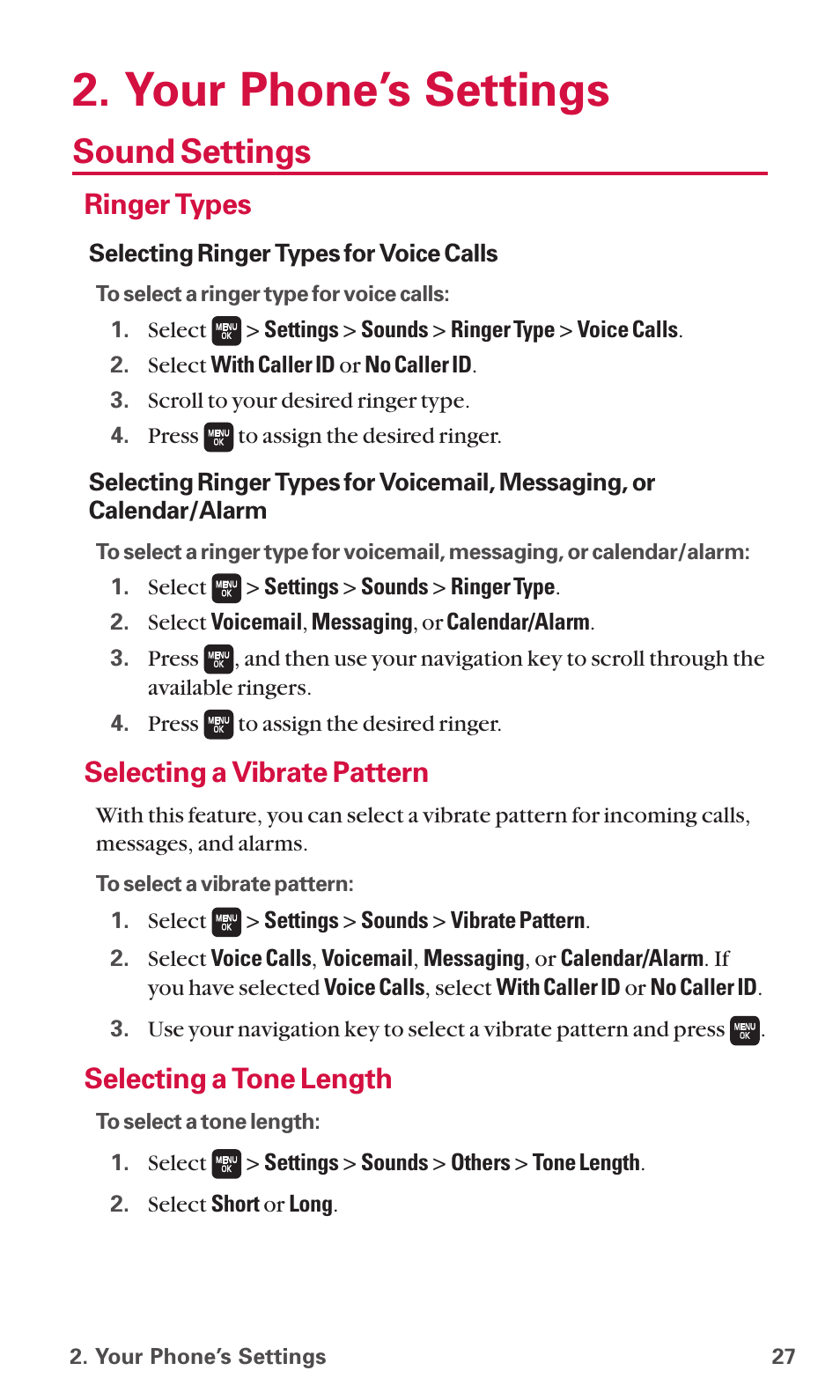 Your phone’s settings, Sound settings, Ringer types | Selecting a vibrate pattern, Selecting a tone length | Sanyo SCP-6600 User Manual | Page 33 / 133