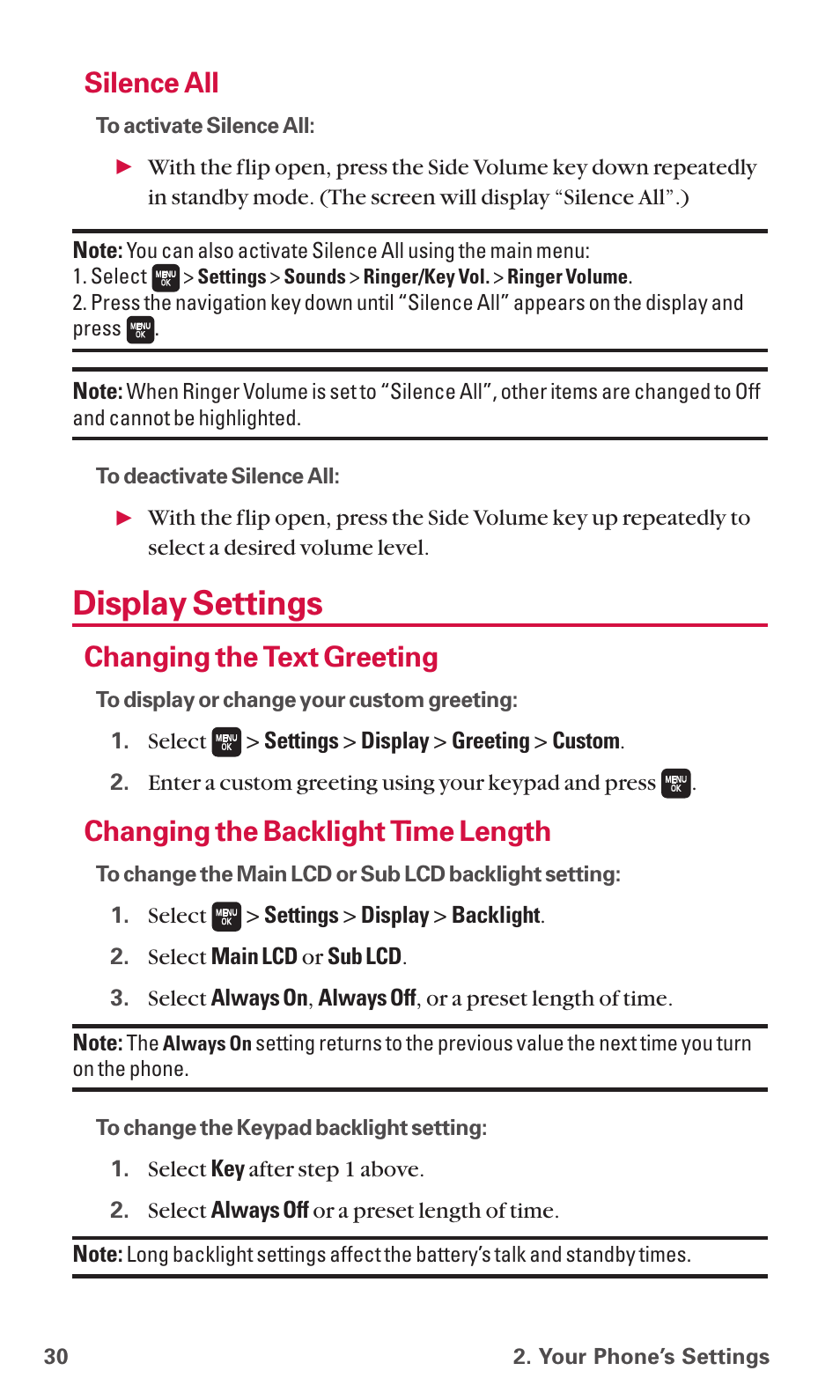 Display settings, Silence all, Changing the text greeting | Changing the backlight time length | Sanyo SCP-6600 User Manual | Page 36 / 133