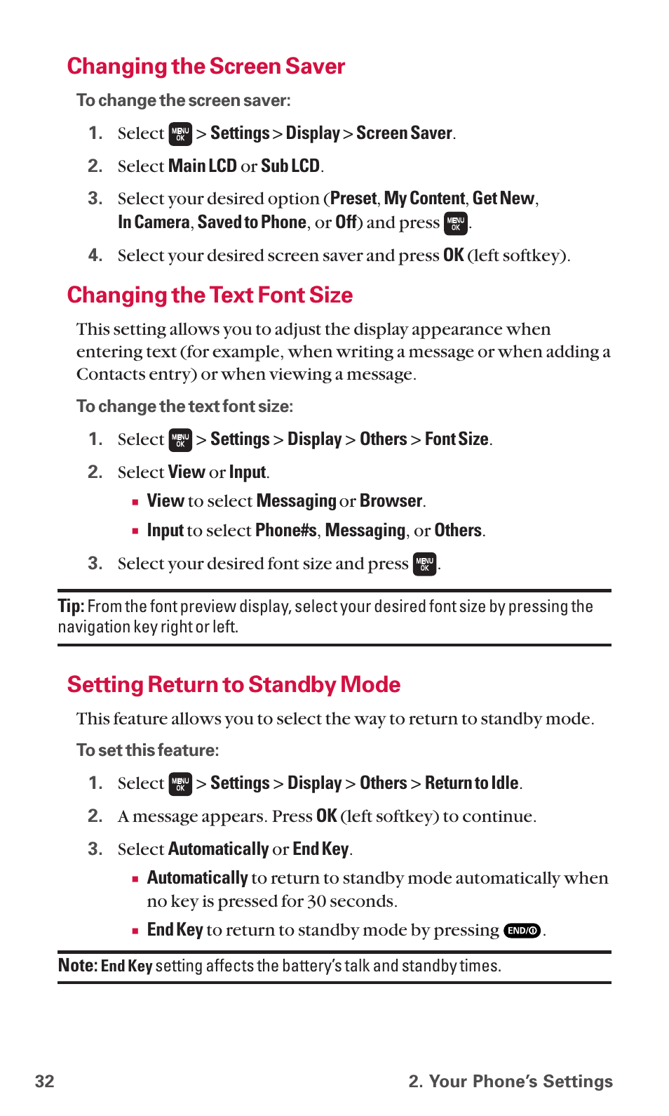 Changing the screen saver, Changing the text font size, Setting return to standby mode | Sanyo SCP-6600 User Manual | Page 38 / 133