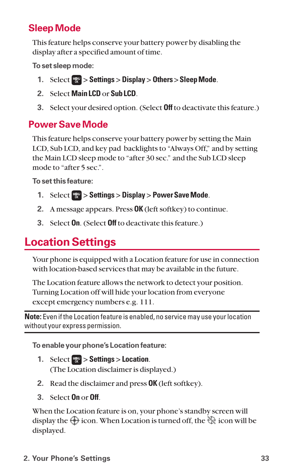 Location settings, Sleep mode, Power save mode | Sanyo SCP-6600 User Manual | Page 39 / 133