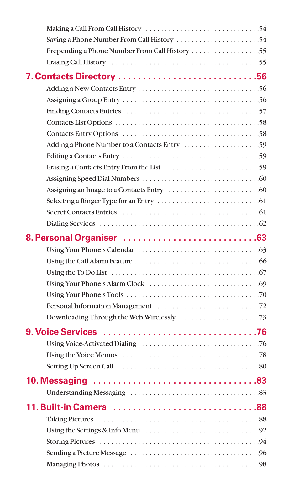 Contacts directory, Personal organiser, Voice services | Messaging, Built-in camera | Sanyo SCP-6600 User Manual | Page 4 / 133