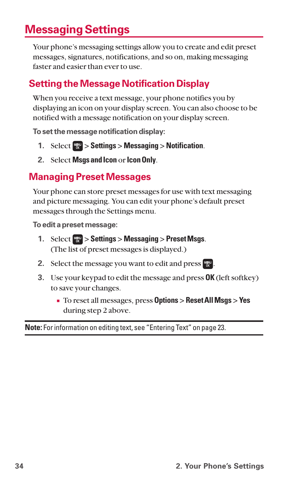 Messaging settings, Setting the message notification display, Managing preset messages | Sanyo SCP-6600 User Manual | Page 40 / 133