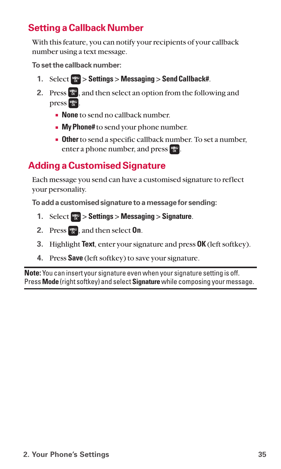 Setting a callback number, Adding a customised signature | Sanyo SCP-6600 User Manual | Page 41 / 133