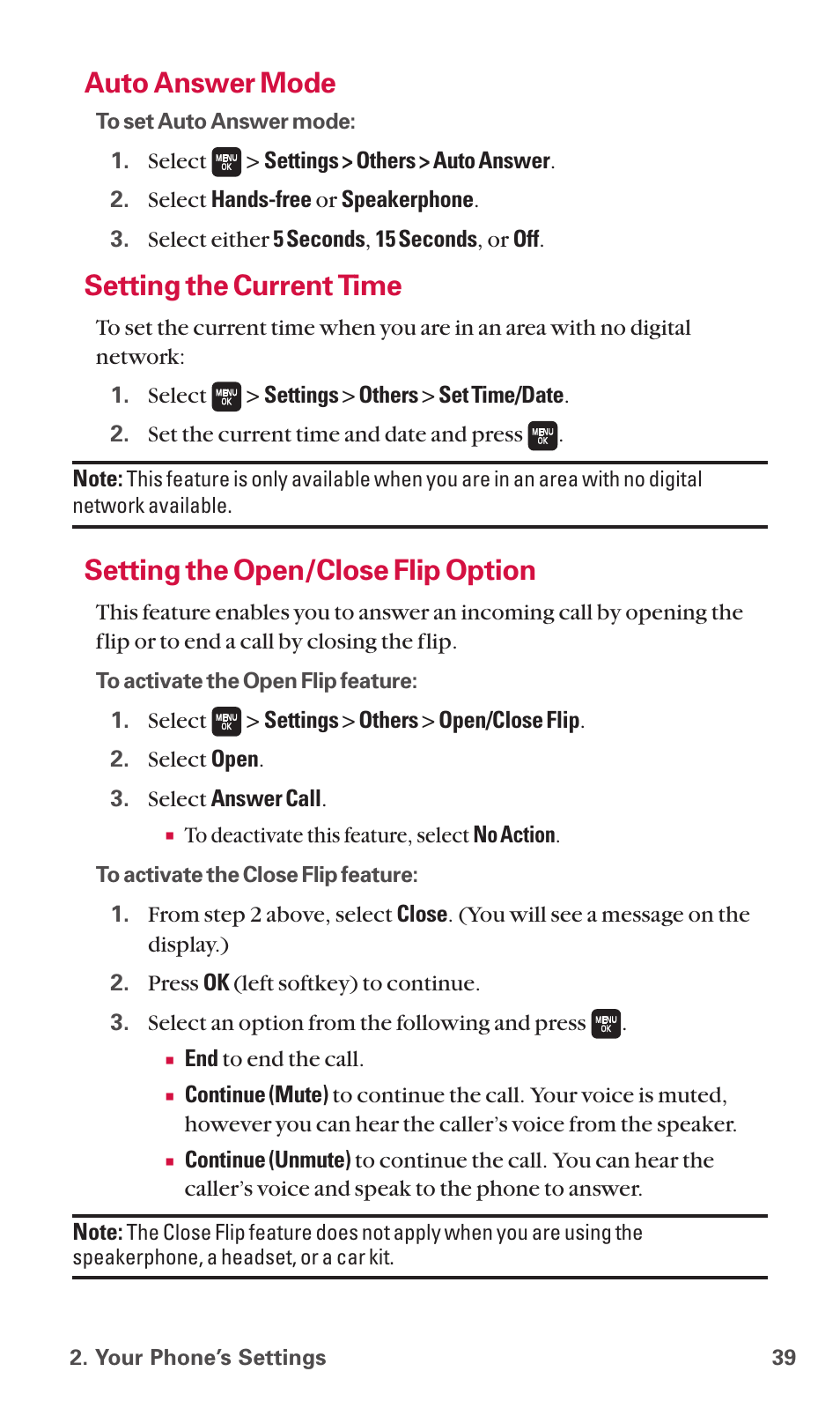 Auto answer mode, Setting the current time, Setting the open/close flip option | Sanyo SCP-6600 User Manual | Page 45 / 133