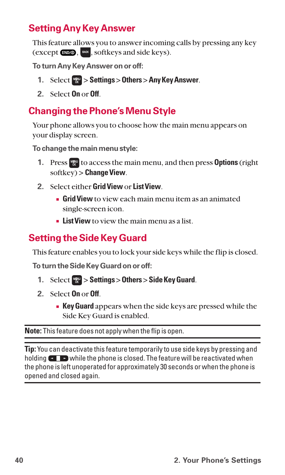Setting any key answer, Changing the phone’s menu style, Setting the side key guard | Sanyo SCP-6600 User Manual | Page 46 / 133