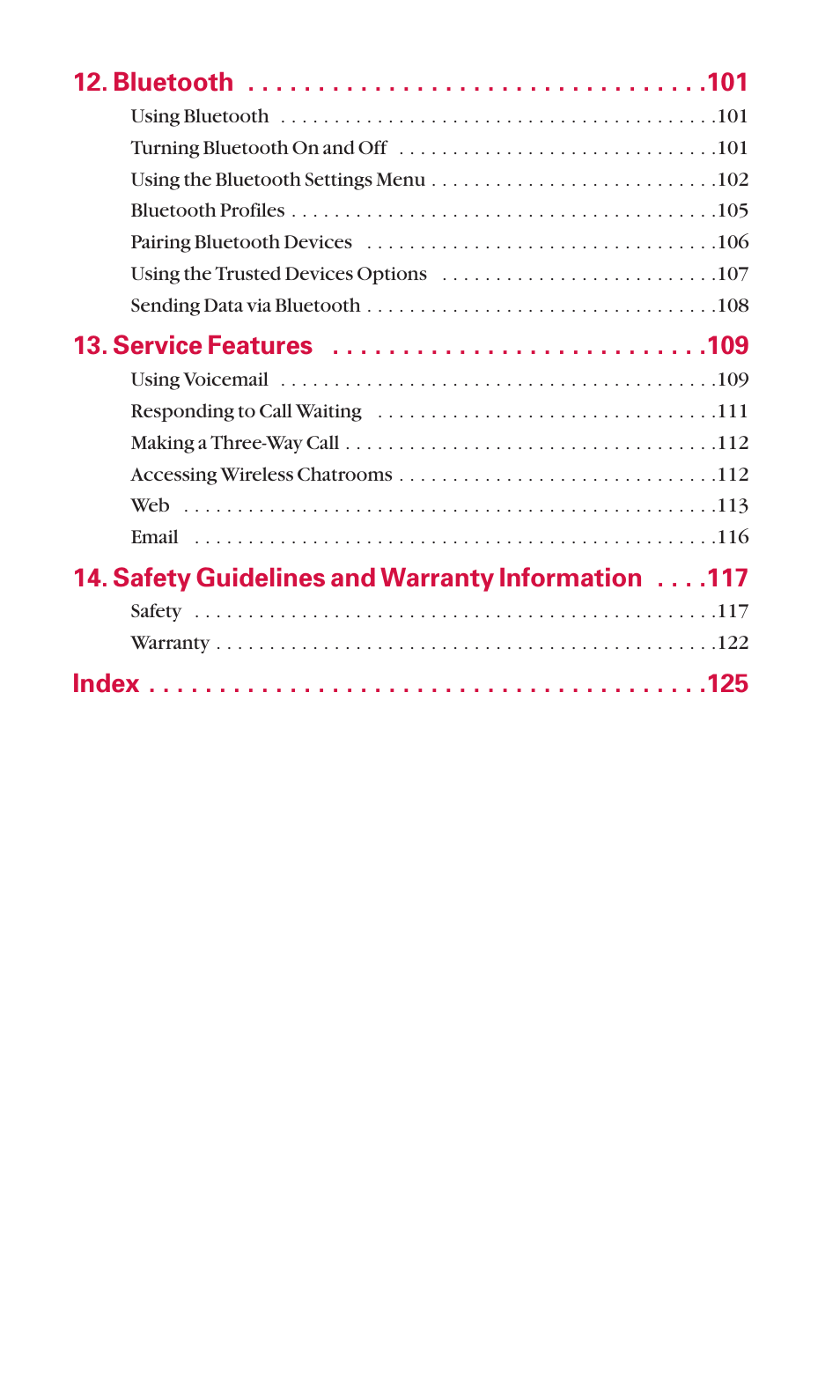 Bluetooth, Service features, Safety guidelines and warranty information | Index | Sanyo SCP-6600 User Manual | Page 5 / 133