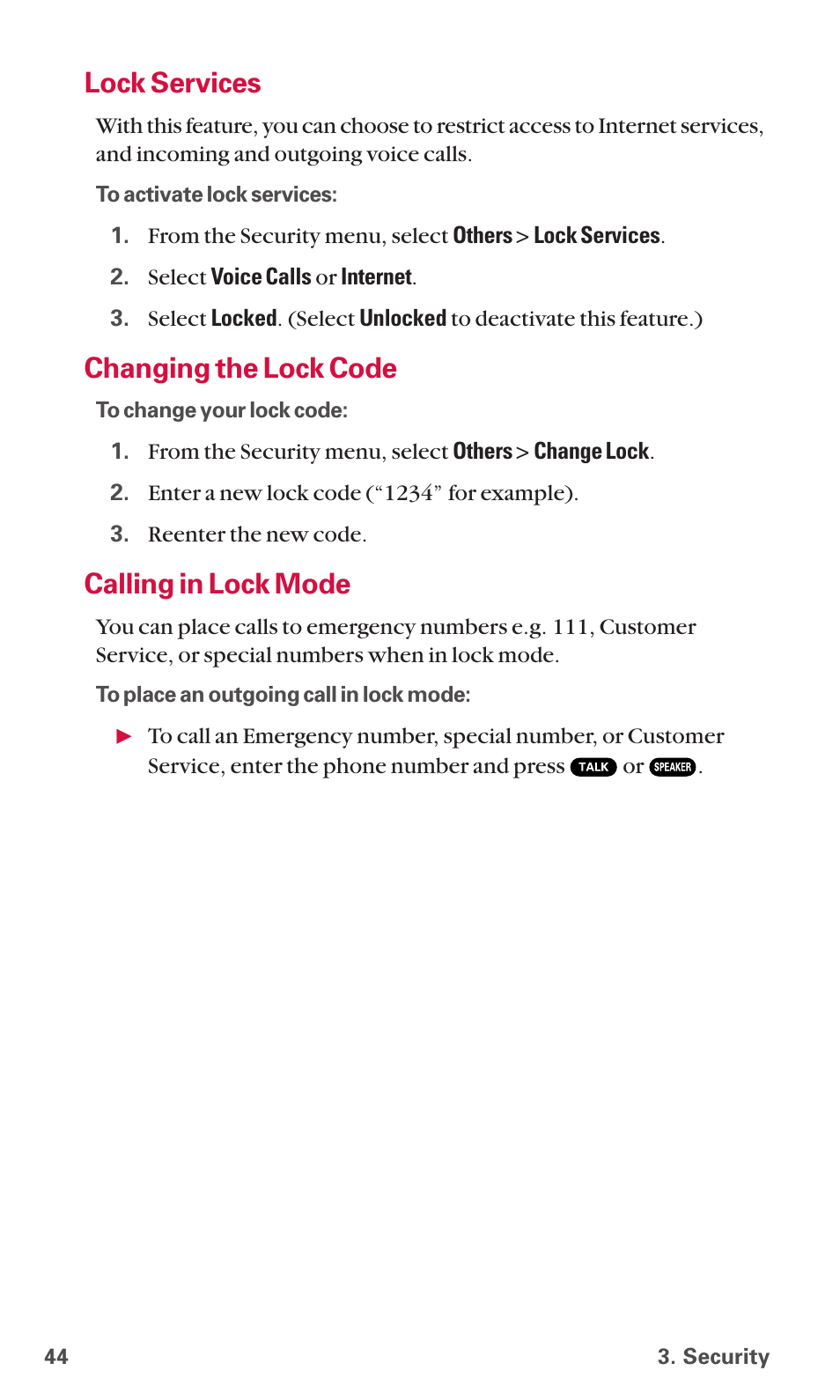 Lock services, Changing the lock code, Calling in lock mode | Sanyo SCP-6600 User Manual | Page 50 / 133