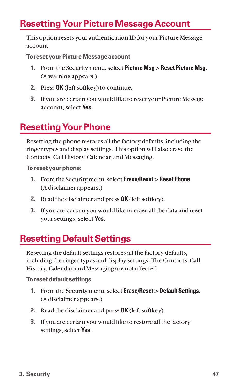 Resetting your picture message account, Resetting your phone, Resetting default settings | Sanyo SCP-6600 User Manual | Page 53 / 133