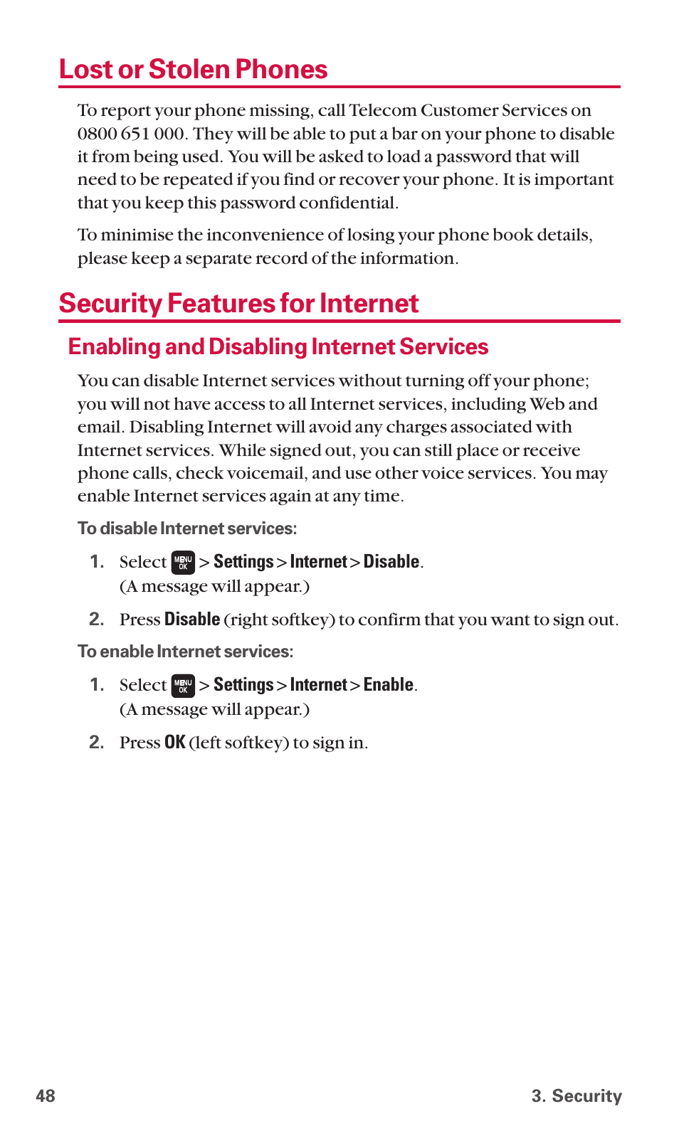 Lost or stolen phones, Security features for internet, Enabling and disabling internet services | Sanyo SCP-6600 User Manual | Page 54 / 133