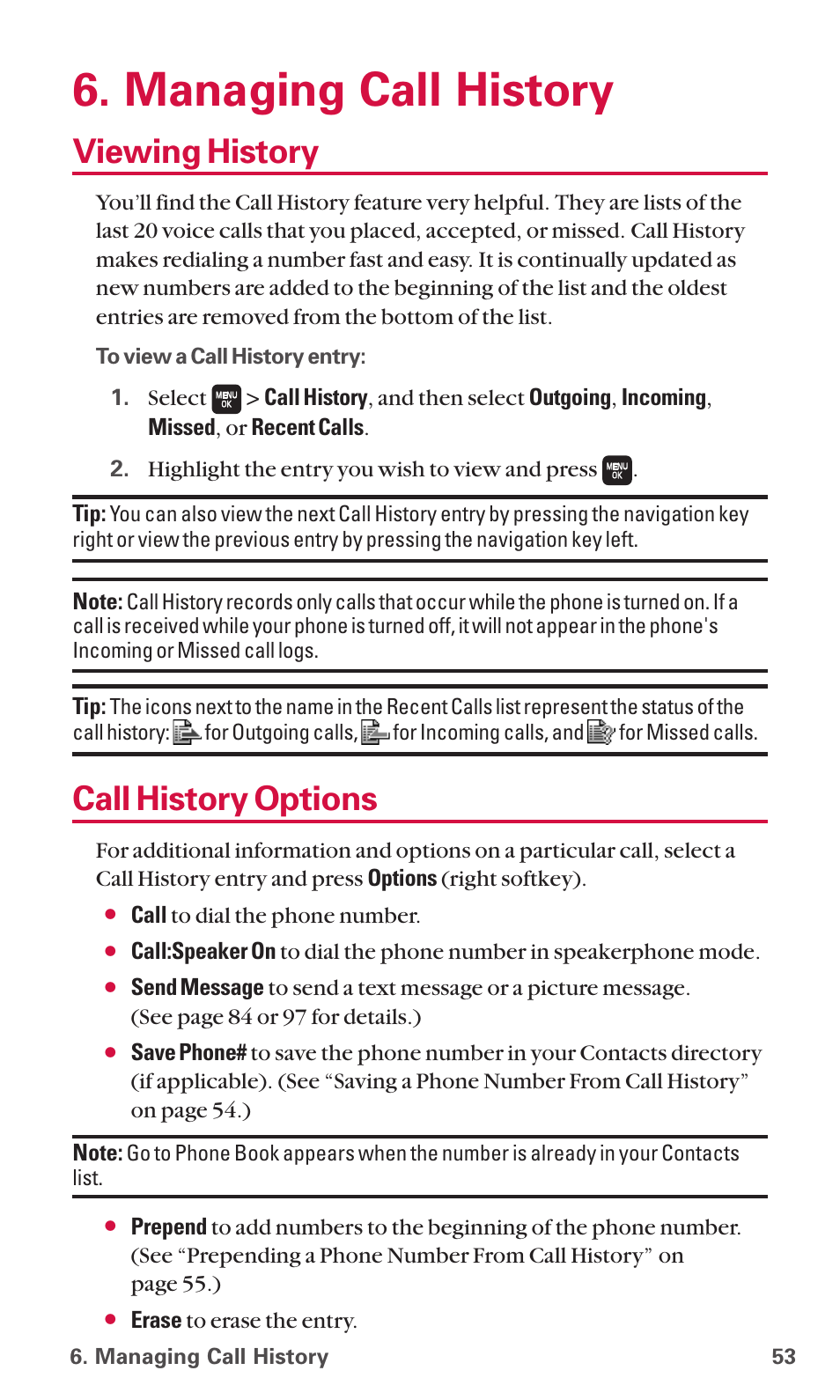 Managing call history, Viewing history, Call history options | Sanyo SCP-6600 User Manual | Page 59 / 133