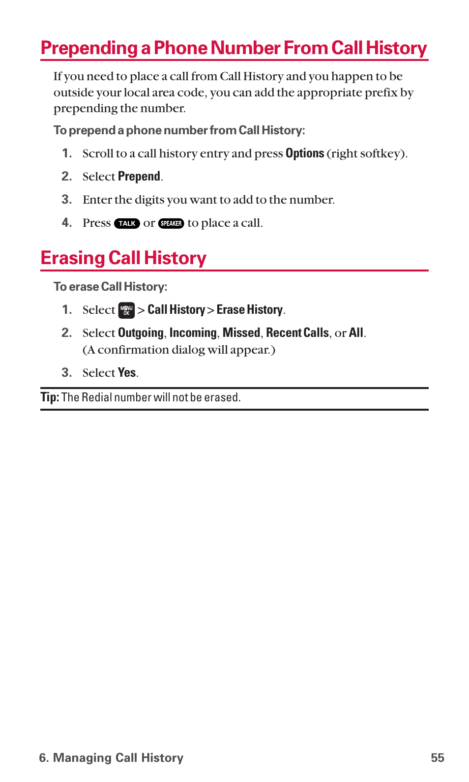 Prepending a phone number from call history, Erasing call history | Sanyo SCP-6600 User Manual | Page 61 / 133