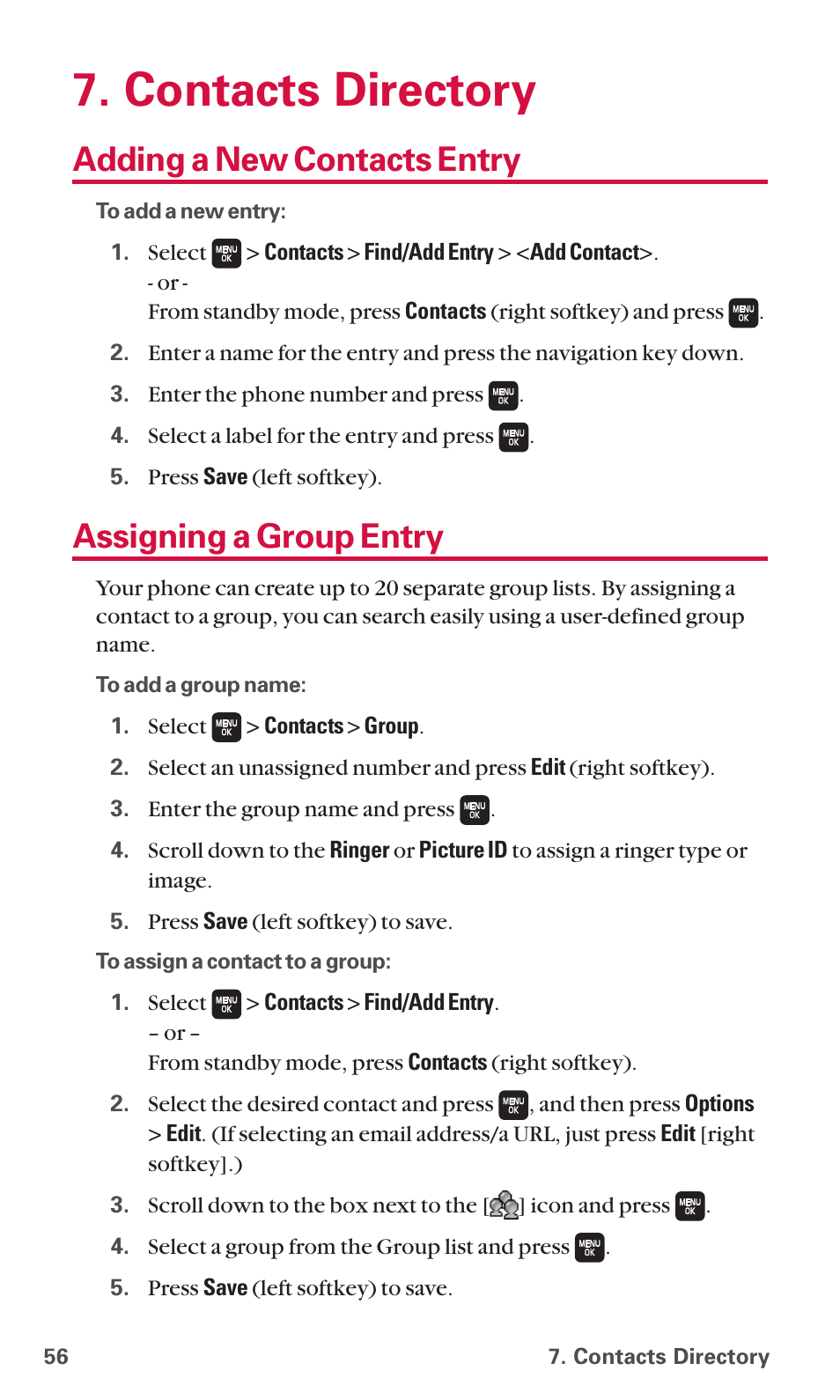 Contacts directory, Adding a new contacts entry, Assigning a group entry | Sanyo SCP-6600 User Manual | Page 62 / 133
