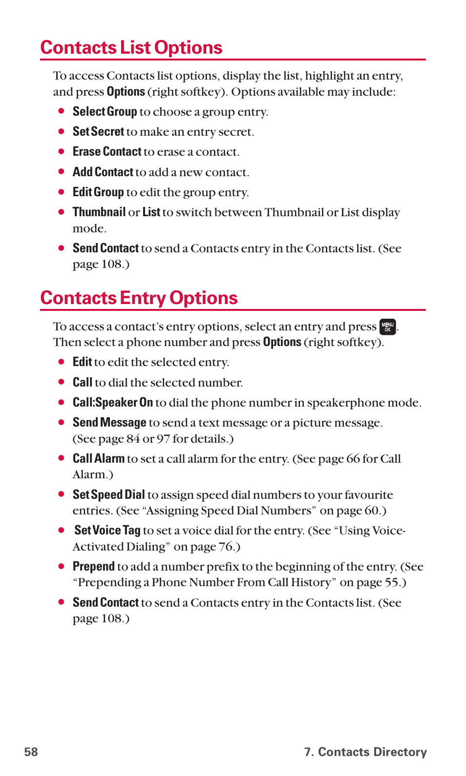 Contacts list options, Contacts entry options, Select group to choose a group entry | Set secret to make an entry secret, Erase contact to erase a contact, Add contact to add a new contact, Edit group to edit the group entry, Edit to edit the selected entry, Call to dial the selected number | Sanyo SCP-6600 User Manual | Page 64 / 133