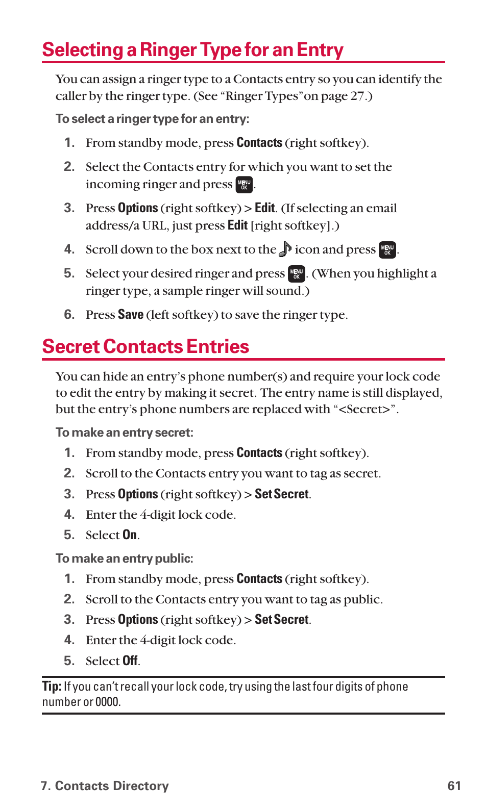 Selecting a ringer type for an entry, Secret contacts entries | Sanyo SCP-6600 User Manual | Page 67 / 133