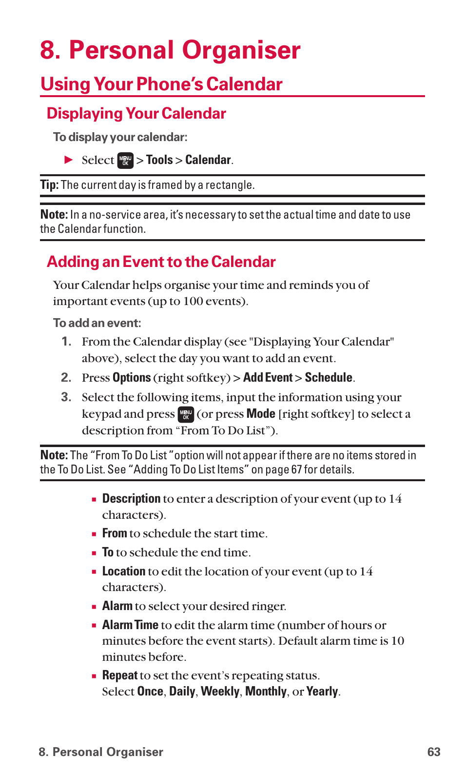 Personal organiser, Using your phone’s calendar, Displaying your calendar | Adding an event to the calendar | Sanyo SCP-6600 User Manual | Page 69 / 133