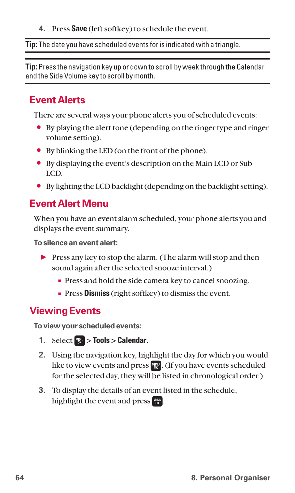 Event alerts, Event alert menu, Viewing events | Sanyo SCP-6600 User Manual | Page 70 / 133