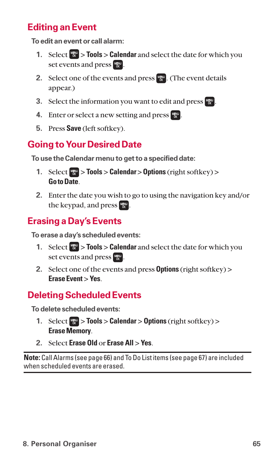 Editing an event, Going to your desired date, Erasing a day’s events | Deleting scheduled events | Sanyo SCP-6600 User Manual | Page 71 / 133