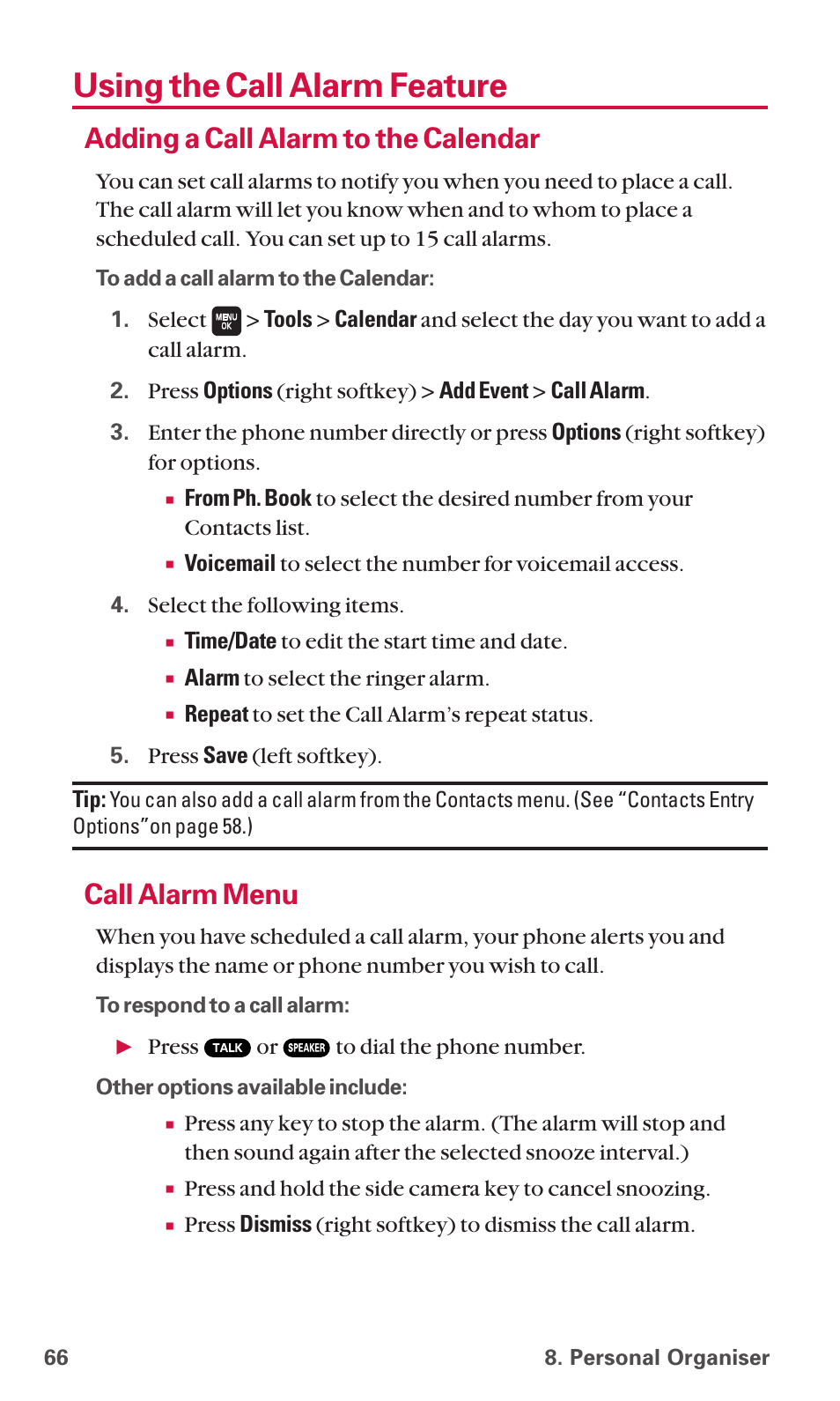 Using the call alarm feature, Adding a call alarm to the calendar, Call alarm menu | Sanyo SCP-6600 User Manual | Page 72 / 133