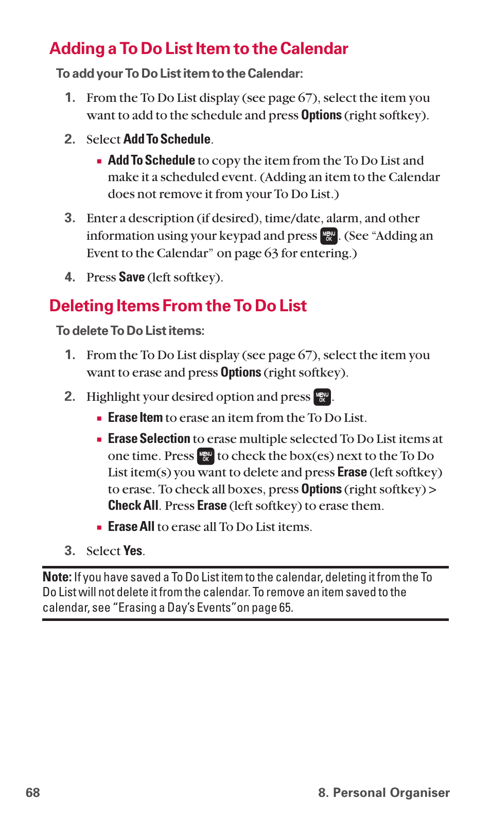 Adding a to do list item to the calendar, Deleting items from the to do list | Sanyo SCP-6600 User Manual | Page 74 / 133