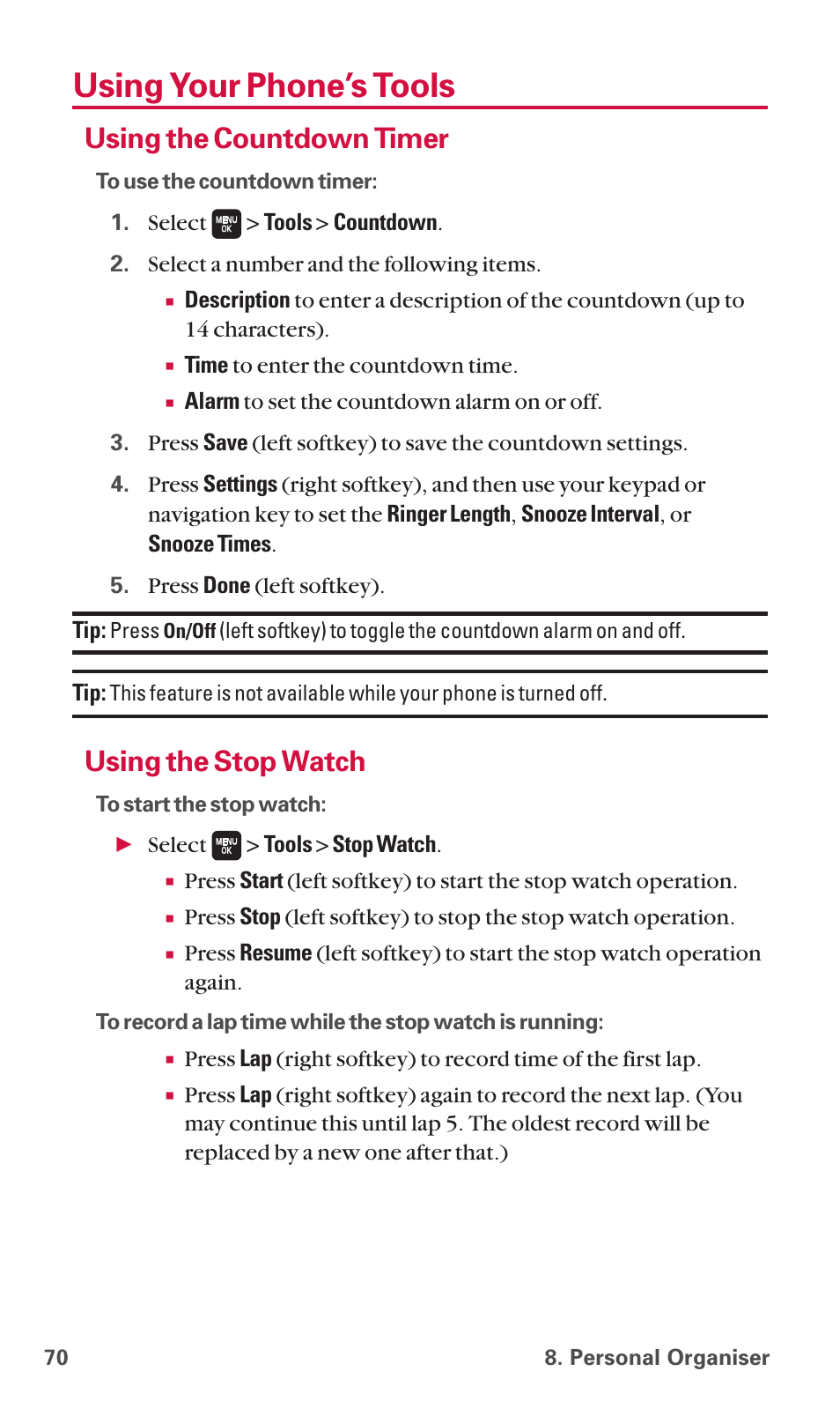 Using your phone’s tools, Using the countdown timer, Using the stop watch | Sanyo SCP-6600 User Manual | Page 76 / 133