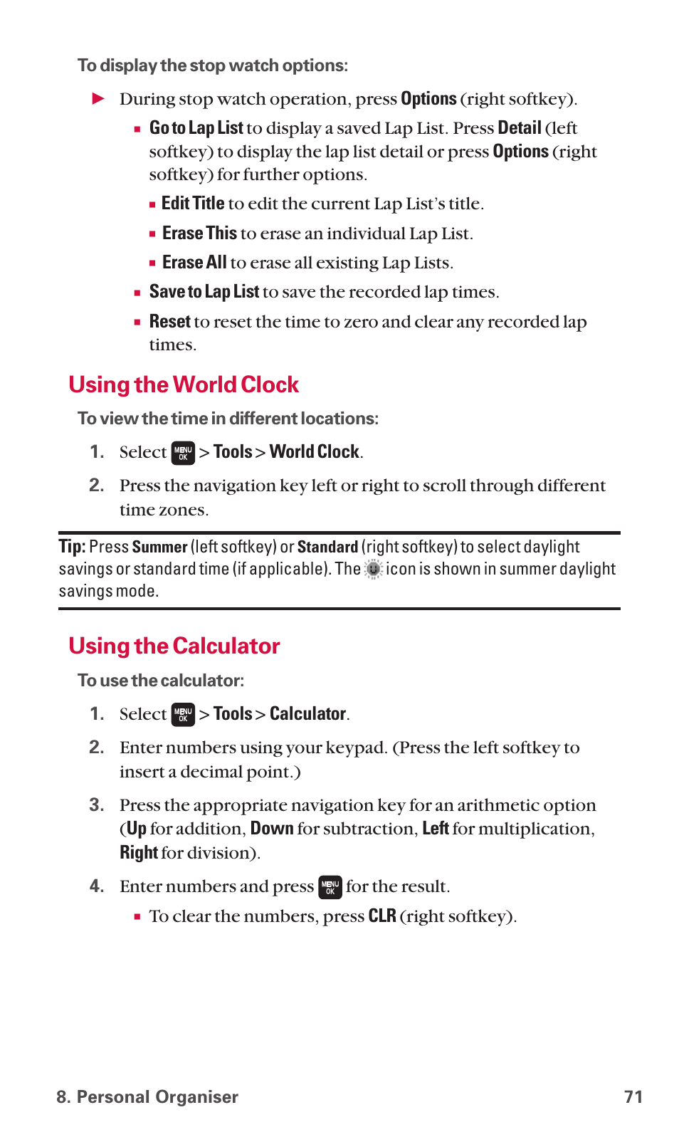 Using the world clock, Using the calculator | Sanyo SCP-6600 User Manual | Page 77 / 133