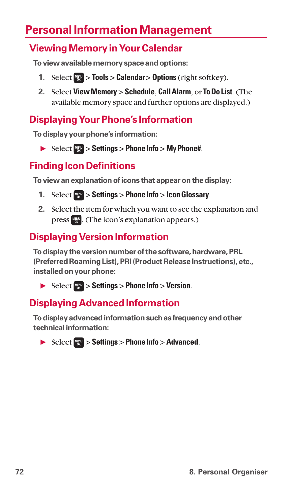 Personal information management, Displaying your phone’s information, Finding icon definitions | Displaying version information, Displaying advanced information | Sanyo SCP-6600 User Manual | Page 78 / 133