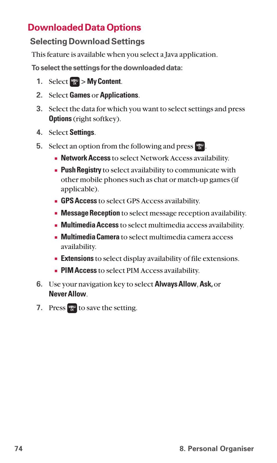 Downloaded data options, Selecting download settings | Sanyo SCP-6600 User Manual | Page 80 / 133