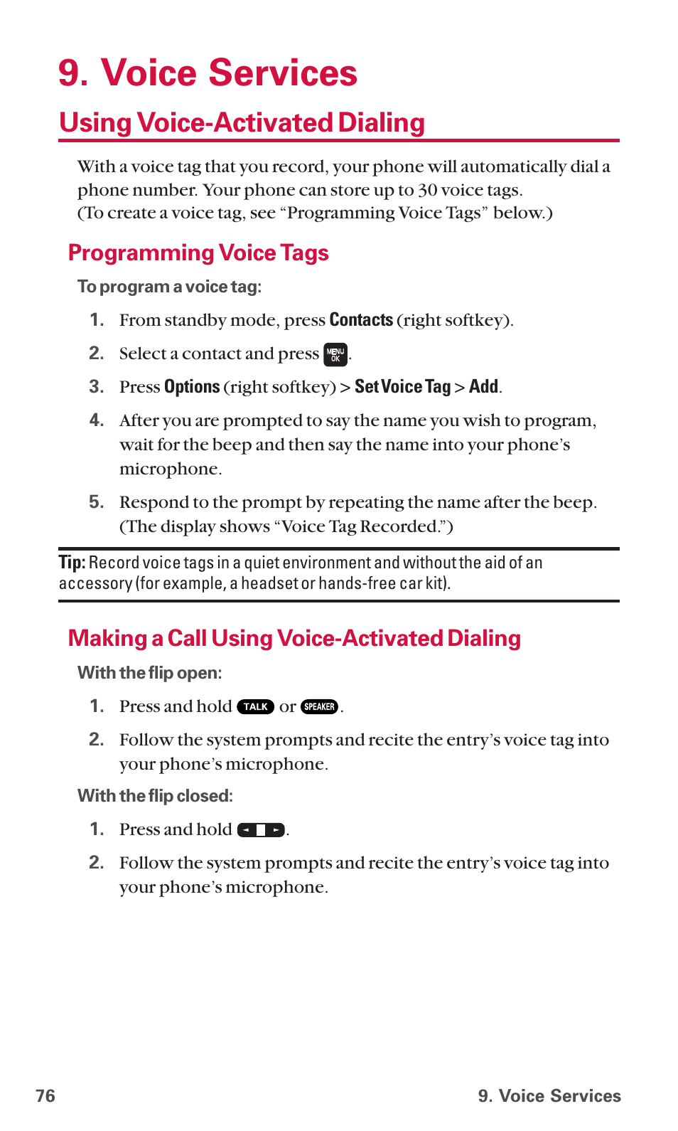 Voice services, Using voice-activated dialing, Programming voice tags | Making a call using voice-activated dialing | Sanyo SCP-6600 User Manual | Page 82 / 133