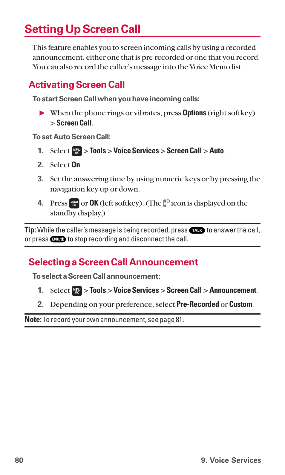 Setting up screen call, Activating screen call, Selecting a screen call announcement | Sanyo SCP-6600 User Manual | Page 86 / 133