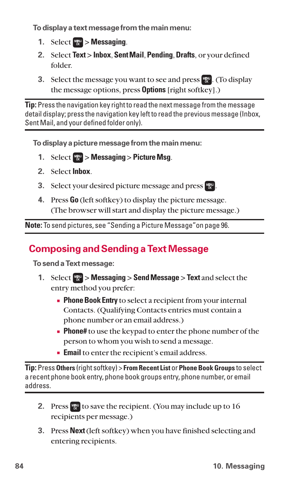 84 or 97 f, Composing and sending a text message | Sanyo SCP-6600 User Manual | Page 90 / 133