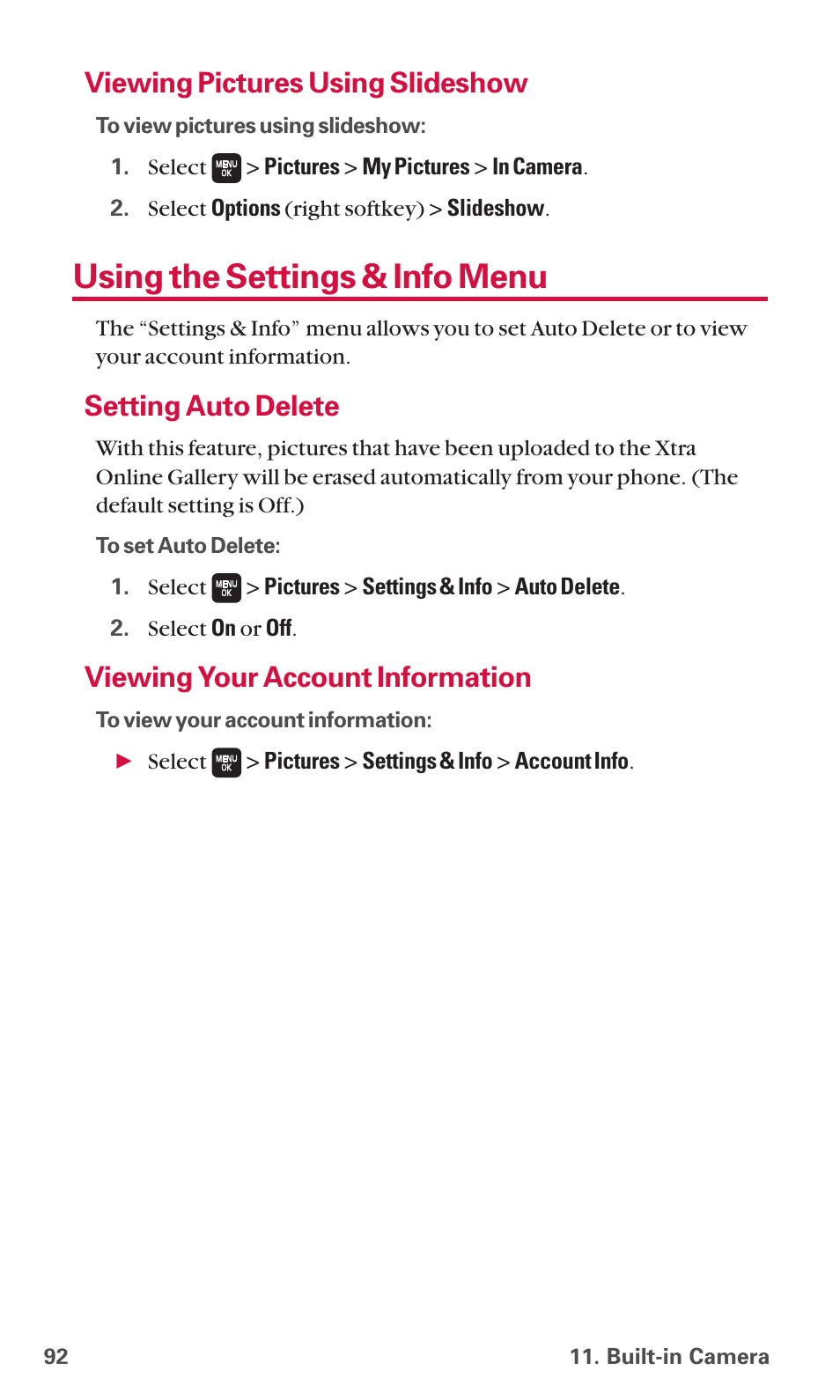 Using the settings & info menu, Viewing pictures using slideshow, Setting auto delete | Viewing your account information | Sanyo SCP-6600 User Manual | Page 98 / 133