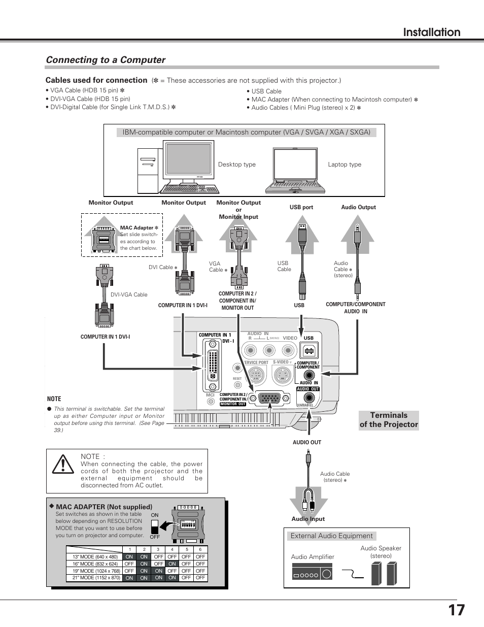 Installation, Connecting to a computer, Cables used for connection | Terminals of the projector, External audio equipment | Sanyo PLC-SU50S User Manual | Page 17 / 56