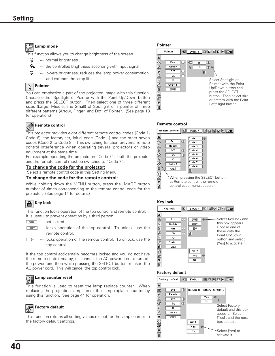 Setting | Sanyo PLC-SU50S User Manual | Page 40 / 56