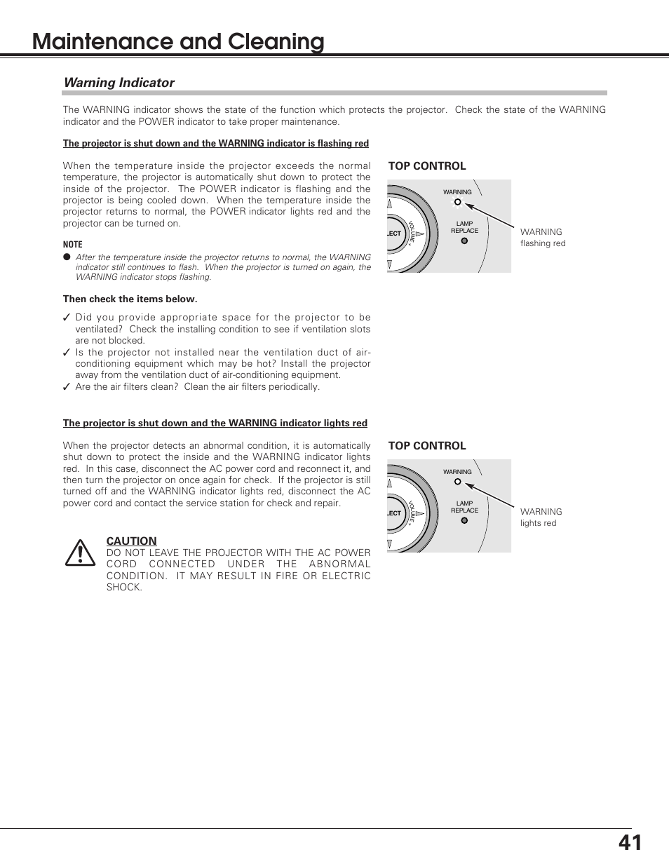 41 maintenance and cleaning, Warning indicator, Top control | Caution | Sanyo PLC-SU50S User Manual | Page 41 / 56