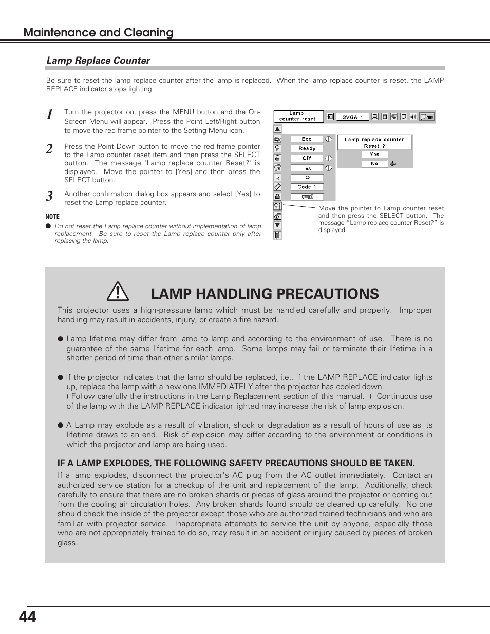 Lamp handling precautions, Maintenance and cleaning | Sanyo PLC-SU50S User Manual | Page 44 / 56