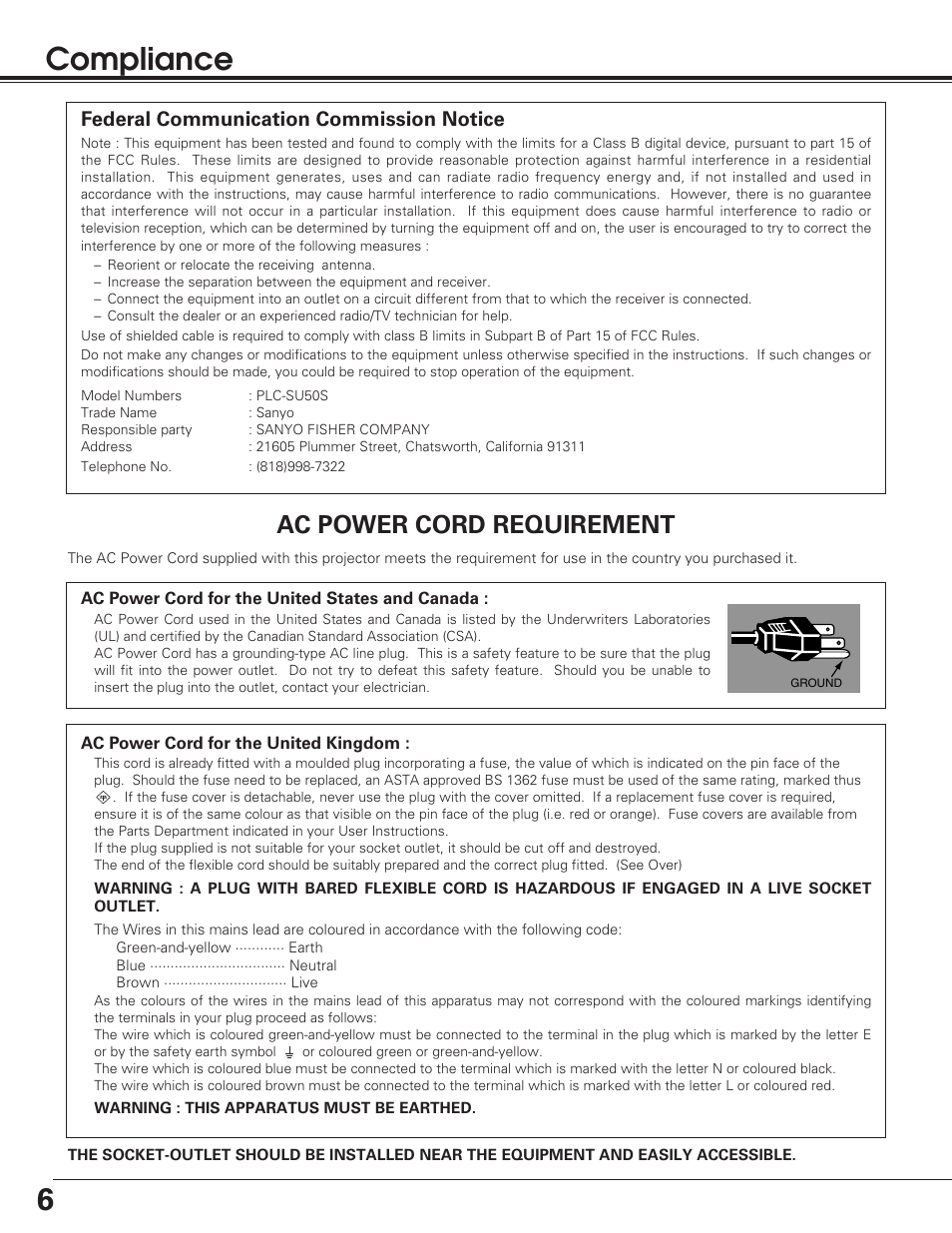 6compliance, Ac power cord requirement, Federal communication commission notice | Sanyo PLC-SU50S User Manual | Page 6 / 56