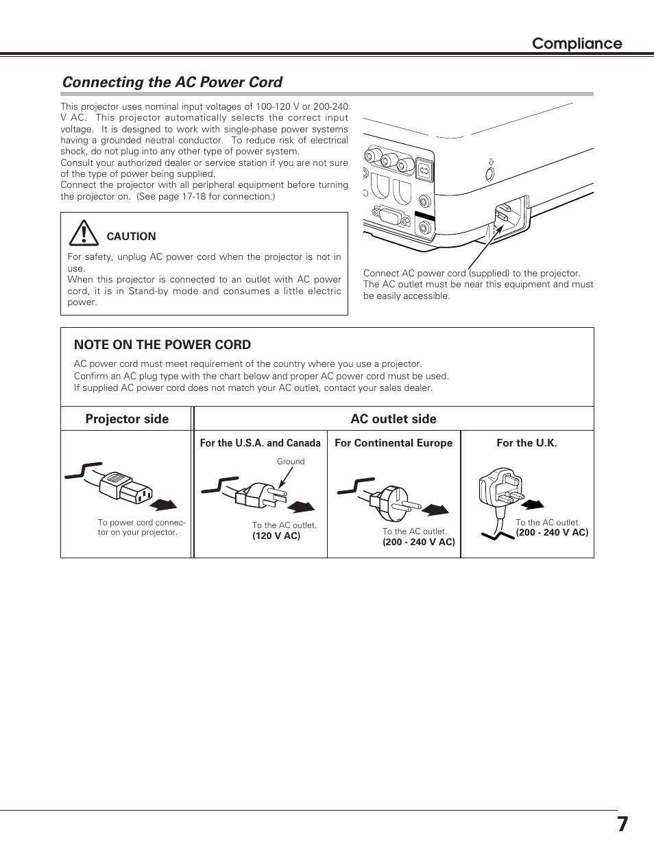 Compliance, Connecting the ac power cord | Sanyo PLC-SU50S User Manual | Page 7 / 56