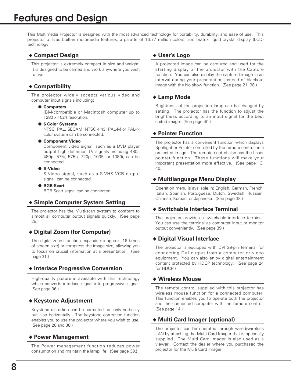 8features and design | Sanyo PLC-SU50S User Manual | Page 8 / 56