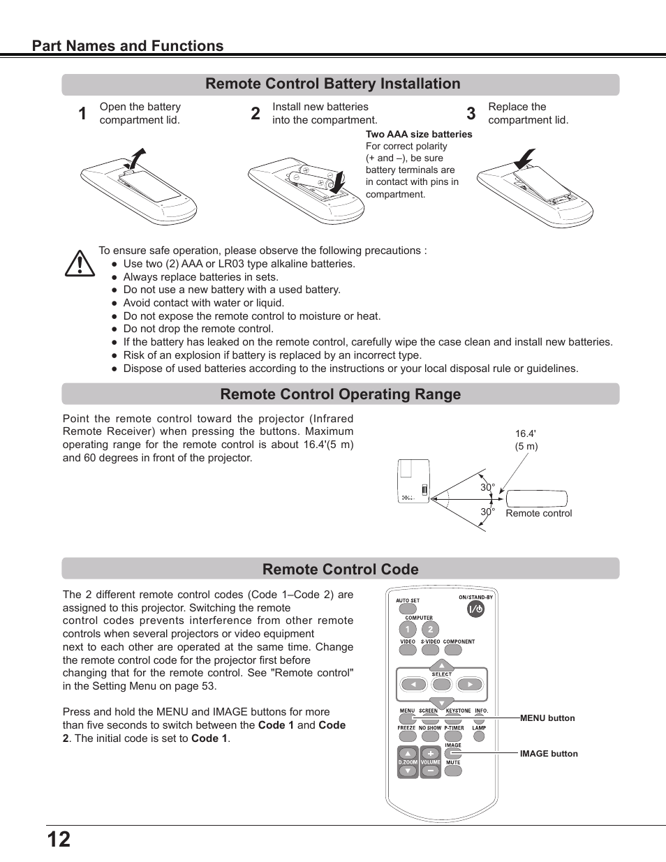 Remote control battery installation, Remote control operating range, Remote control code | Part names and functions | Sanyo Multimedia PLC-XD2600 User Manual | Page 12 / 78