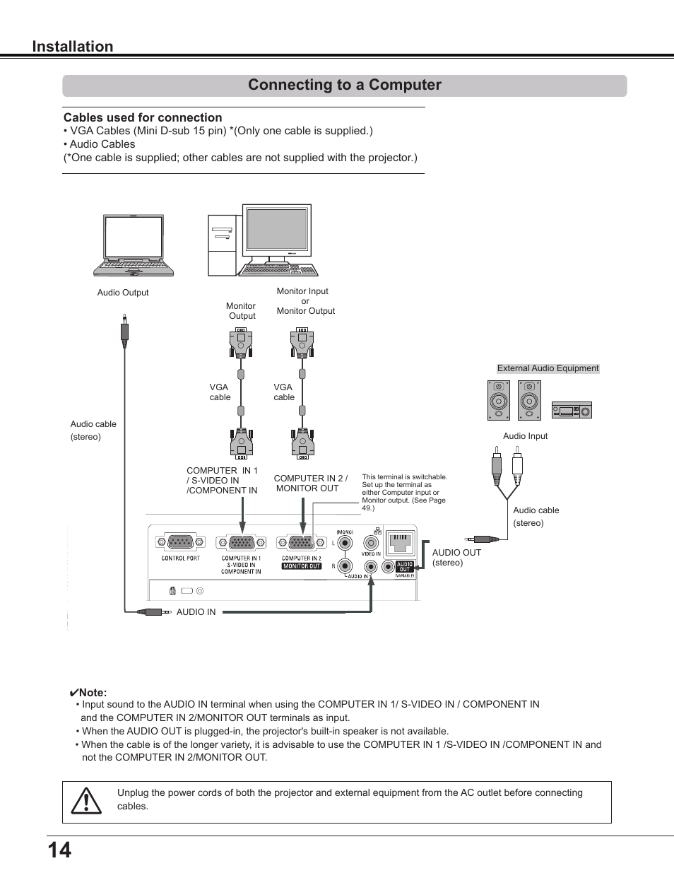 Connecting to a computer, Installation connecting to a computer, Cables used for connection | Sanyo Multimedia PLC-XD2600 User Manual | Page 14 / 78