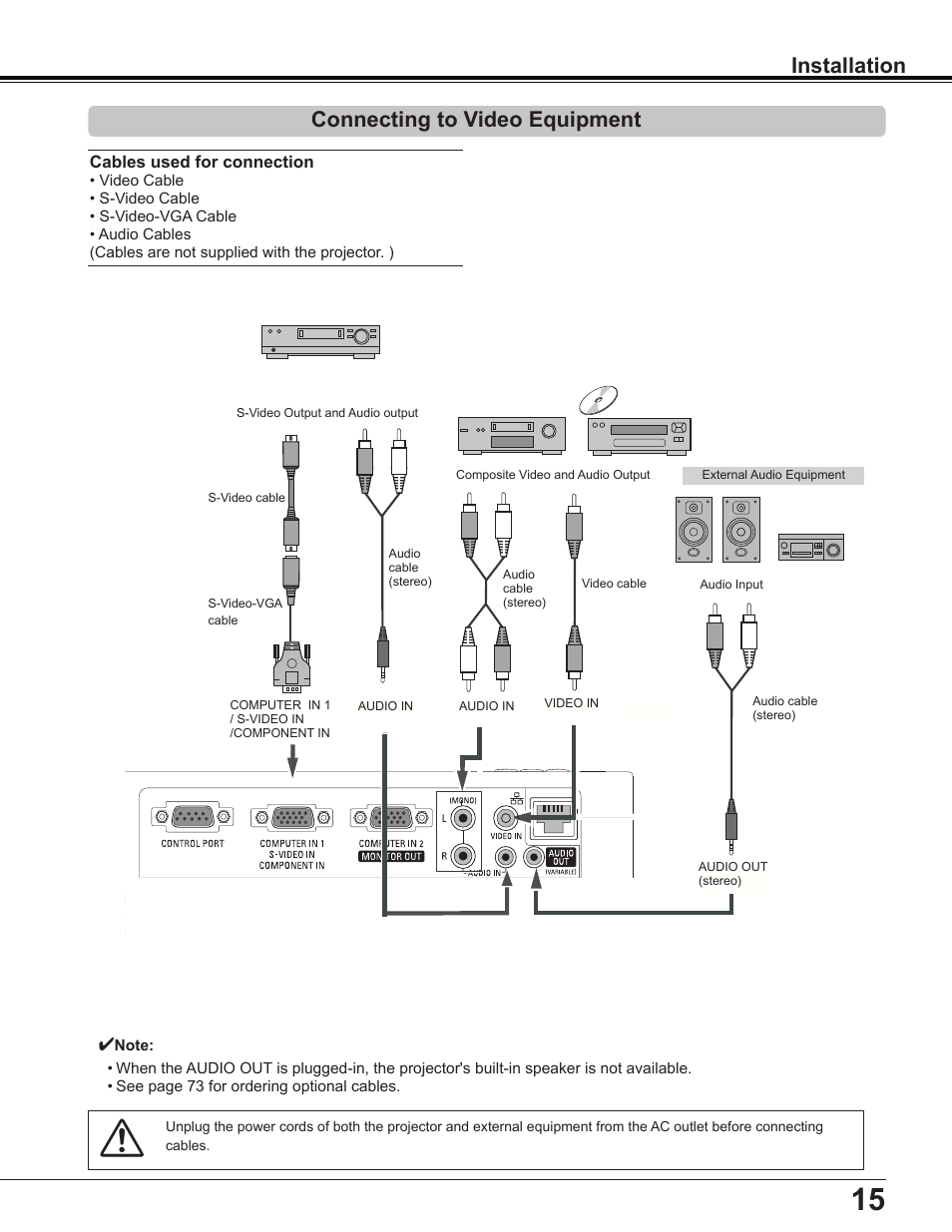 Connecting to video equipment, Installation connecting to video equipment | Sanyo Multimedia PLC-XD2600 User Manual | Page 15 / 78