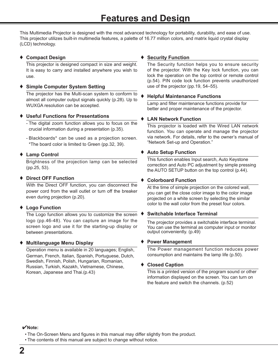 Features and design, 2features and design | Sanyo Multimedia PLC-XD2600 User Manual | Page 2 / 78