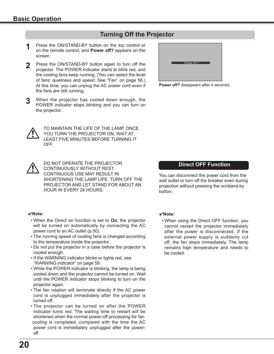 Turning off the projector, Basic operation | Sanyo Multimedia PLC-XD2600 User Manual | Page 20 / 78