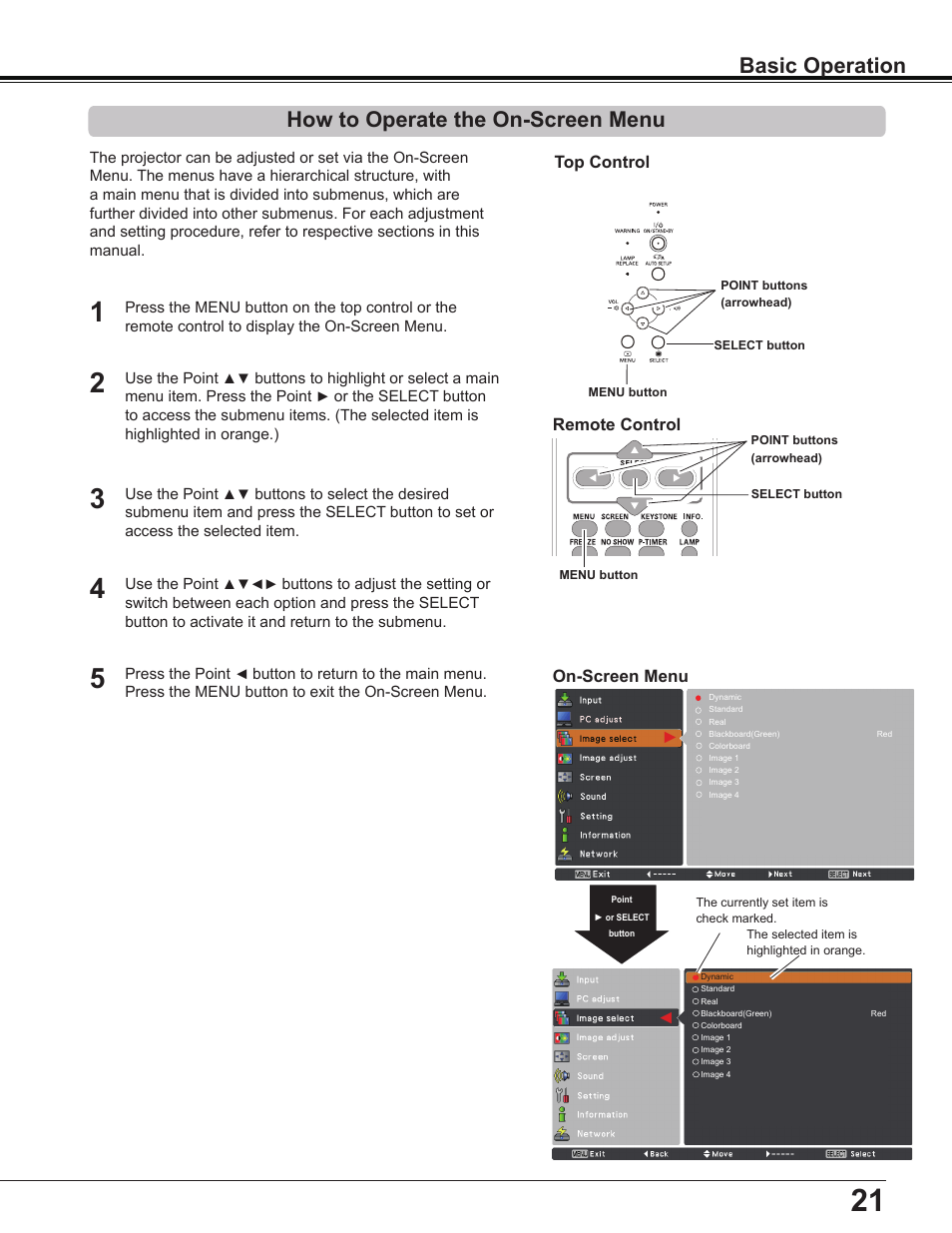 How to operate the on-screen menu, Basic operation how to operate the on-screen menu | Sanyo Multimedia PLC-XD2600 User Manual | Page 21 / 78