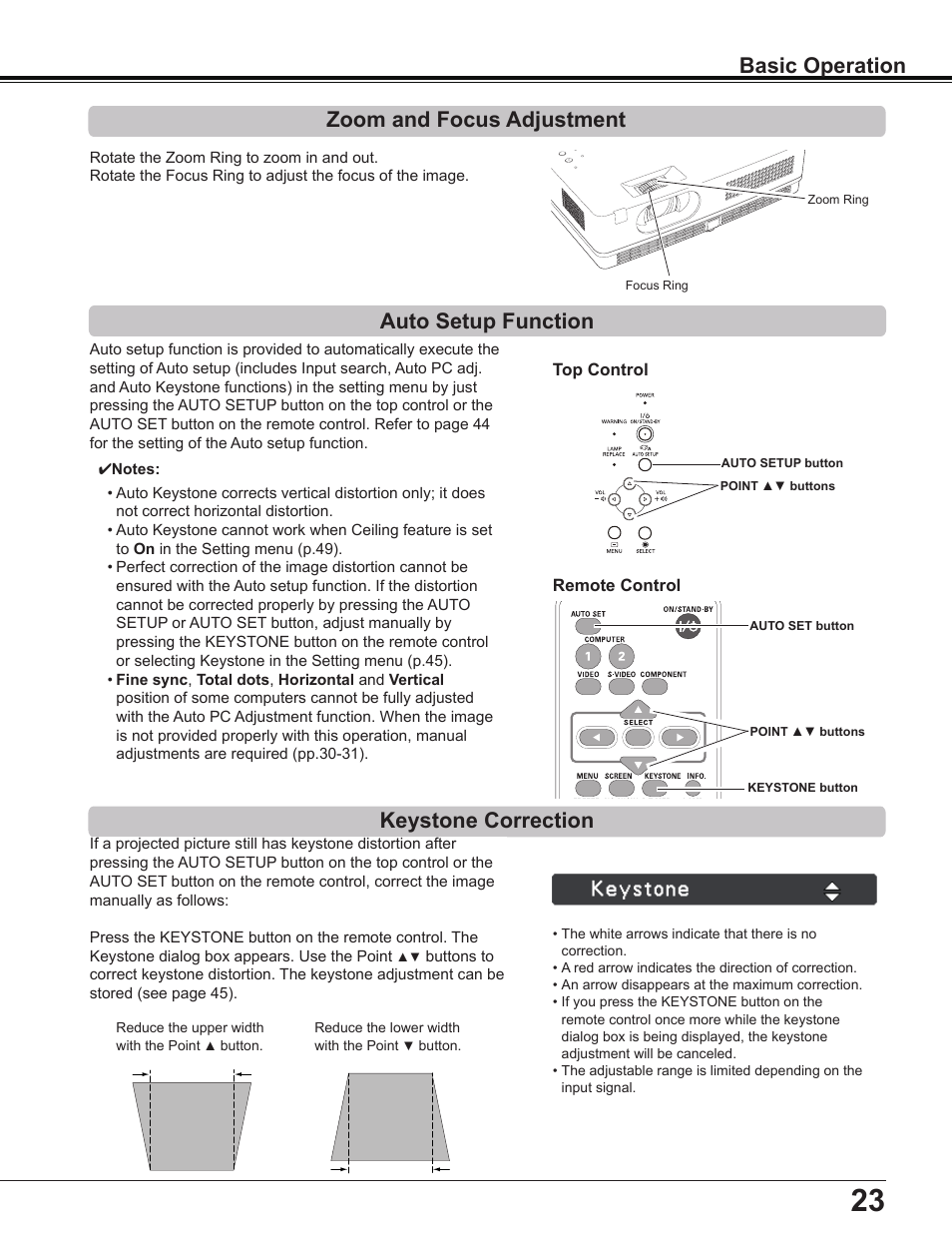 Zoom and focus adjustment, Auto setup function, Keystone correction | Basic operation | Sanyo Multimedia PLC-XD2600 User Manual | Page 23 / 78