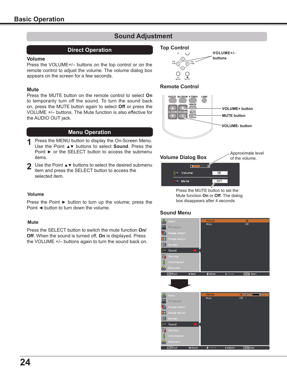 Sound adjustment, Basic operation | Sanyo Multimedia PLC-XD2600 User Manual | Page 24 / 78