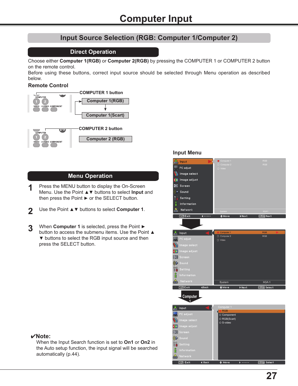 Computer input, Input source selection (rgb: computer 1, Computer 2) | Sanyo Multimedia PLC-XD2600 User Manual | Page 27 / 78