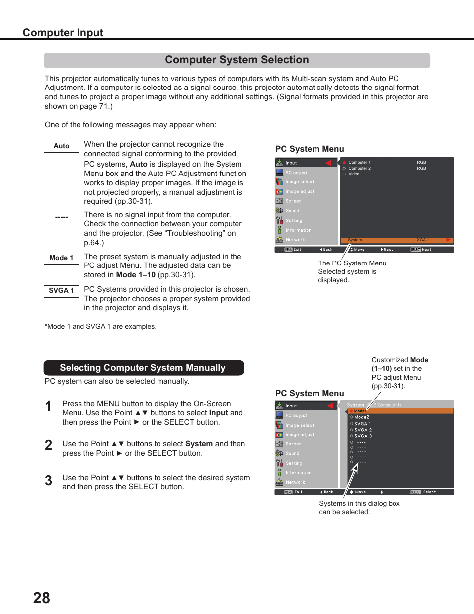Computer system selection, Computer input | Sanyo Multimedia PLC-XD2600 User Manual | Page 28 / 78