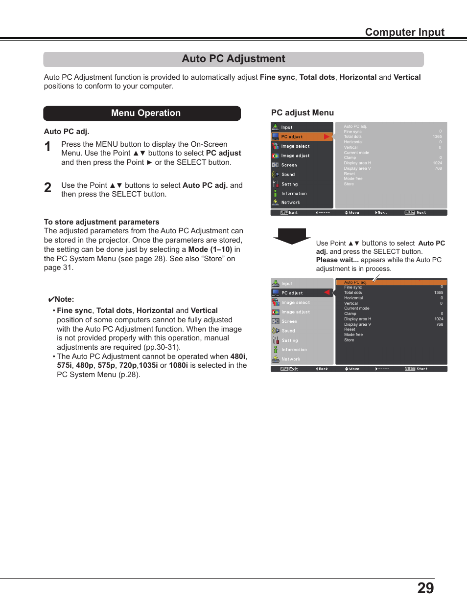 Auto pc adjustment, Computer input, Menu operation | Pc adjust menu | Sanyo Multimedia PLC-XD2600 User Manual | Page 29 / 78
